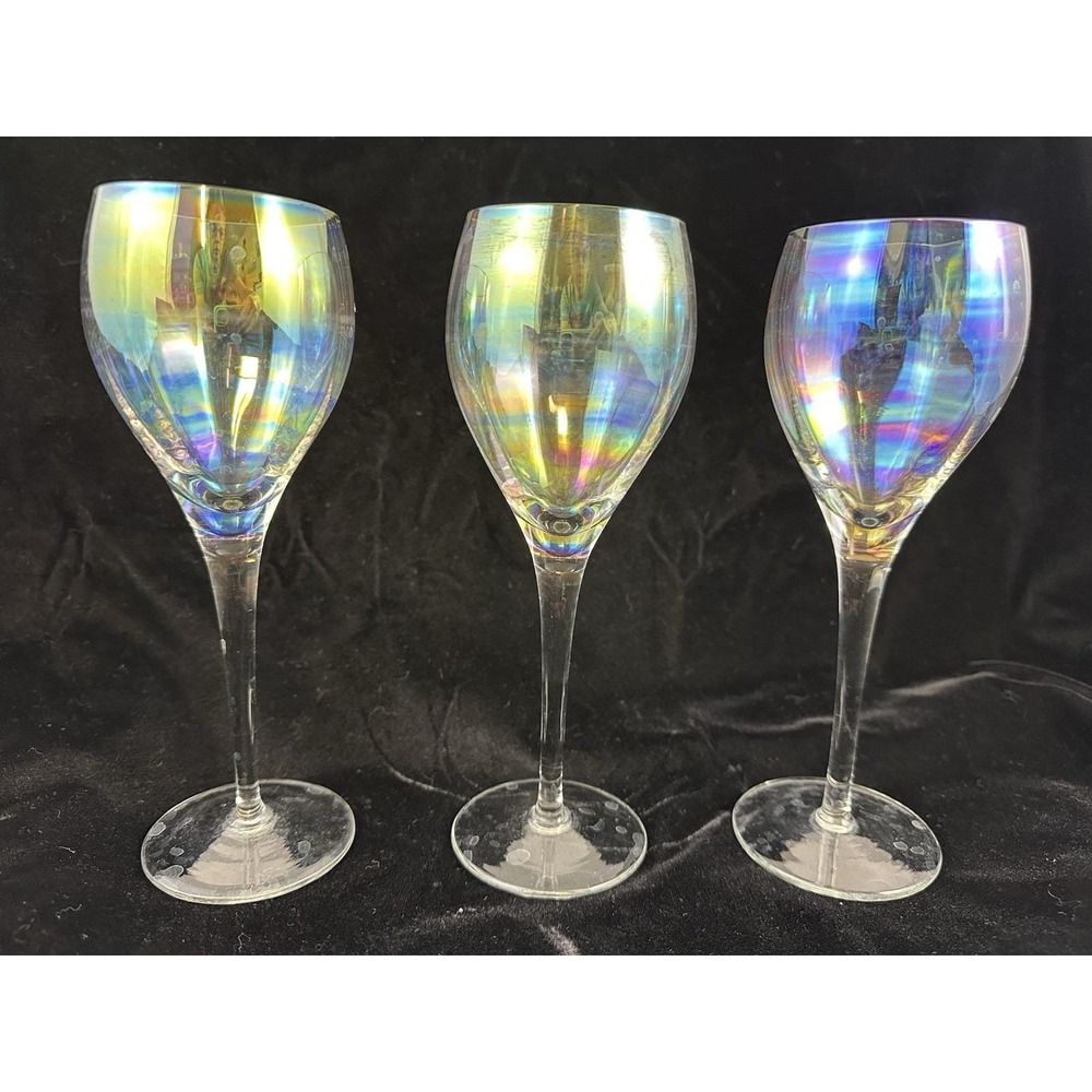 Toscony Rainbow Optic Wine Glasses Iridescent Set Of 3 8.5"